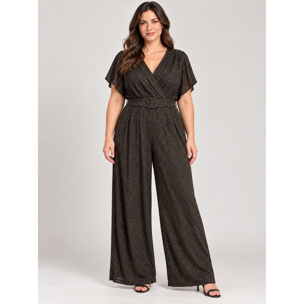 SC Society Black Gold Metallic Wide Leg Jumpsuit Surplice V-Neck Plus Size 2X